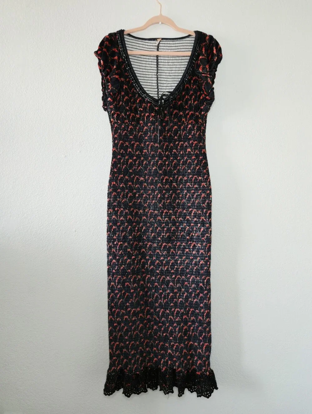 Free People McKenna V Neck Smocked Black & Red Velvet Bodycon Maxi Black Medium